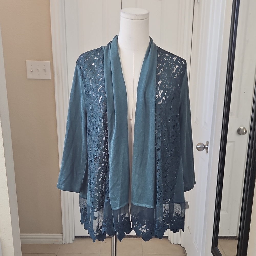 Indigo Thread Co. Elegant Teal Lace Cardigan Sweater